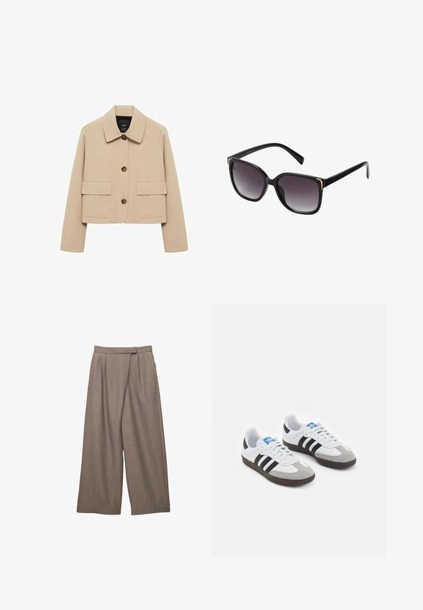 Beżowa krótka kurtka wykonana z gładkiego materiału. Posiada klasyczny kołnierz, zapięcie na guziki z przodu oraz dwie duże kieszenie naszywane.; Jasnoróżowa koszula z długim rękawem w białe pionowe paski oraz pasujący krawat. Gładka faktura, kołnierzyk zapinany na guziki i mankiety z guzikami.; Spodnie o szerokich nogawkach w jasnobrązowym materiale, z plisami w talii i gładką fakturą. Model z bocznymi kieszeniami dla większej funkcjonalności.; Buty sportowe z białą skórzaną cholewką, szarym zamszowym noskiem i trzema czarnymi paskami. Posiadają niebieskie logo na języku oraz teksturowaną gumową podeszwę.; Czarne okulary przeciwsłoneczne z gradientowymi szarymi soczewkami, przesadnie duże kwadratowe oprawki z złotymi akcentami na rogach oraz eleganckimi czarnymi zausznikami.; Woven oliwkowa torebka o zaokrąglonym kształcie i skręconym uchwycie. Teksturowana powierzchnia zdobiona jest diagonalnym wzorem. Zamek błyskawiczny.