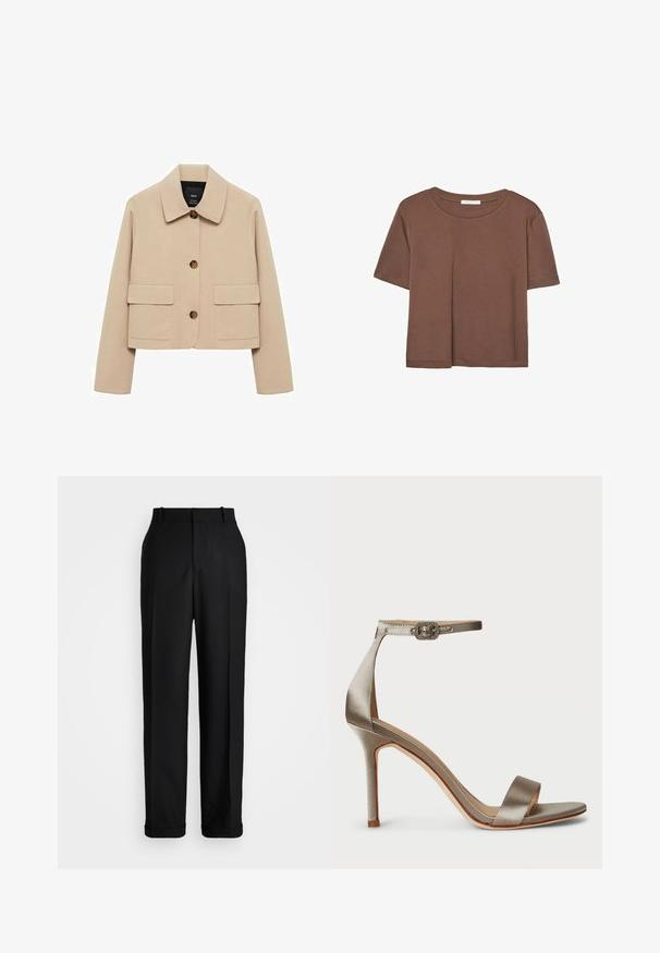 Beige, kurz geschnittene Jacke aus glattem Stoff. Sie verfügt über einen klassischen Kragen, eine vordere Knopfleiste und zwei große aufgesetzte Taschen.; Braunes, kurzärmliges T-Shirt aus weichem Material mit rundem Halsausschnitt und lockerer Passform. Keine sichtbaren Muster oder Akzente.; Polo Ralph Lauren HIGH RISE RELAXED STRAIGHT TROUSER - Stoffhose - black; Satin High Heel Sandale in Silber mit Fußgelenkriemen und dekorativer Schnalle. Offene Zehen und schlankes, elegantes Design.