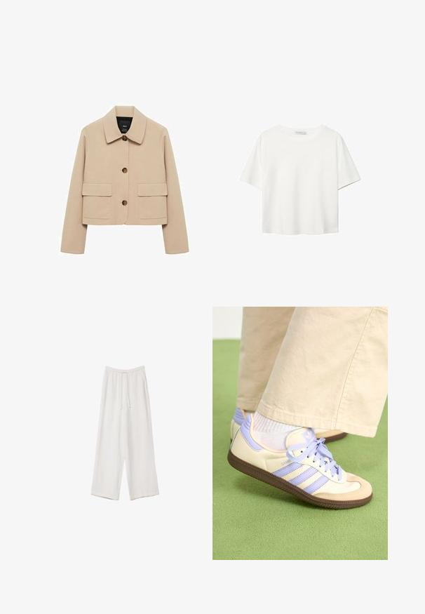 Beige kort jacka i ett mjukt material. Den har en klassisk krage, knappslutning framtill och två stora påsydda fickor.; Vit t-shirt med kort ärm i bomull. Har en rundad halsringning och en avslappnad passform. Slät textur utan synliga mönster eller detaljer.; Vita vida byxor i vid passform gjorda av ett lättviktsmaterial. Har en elastisk midja med dragsko och sidofickor. Slät textur.; Krämfärgade och lavendelfärgade sneakers med tre ränder och en texturerad brun sula, med snören och en vadderad häl. Mjuk tygobero.