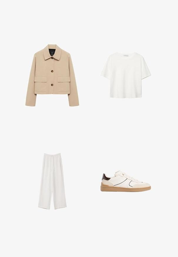 Bež kratka jakna, izdelana iz gladkega blaga. Ima klasičen ovratnik, sprednje zapiranje na gumb in dva velika žepa na prednji strani.; Bela kratka majica s kratkimi rokavi iz bombaža. Ima okroglo izrezovanje in sproščen kroj. Gladka tekstura brez vidnih vzorcev ali poudarkov.; Bele široke hlače iz lahkega materiala. Imajo elastičen pas s vrvico in stranske žepe. Gladka tekstura.; Stradivarius Športni copati - white
