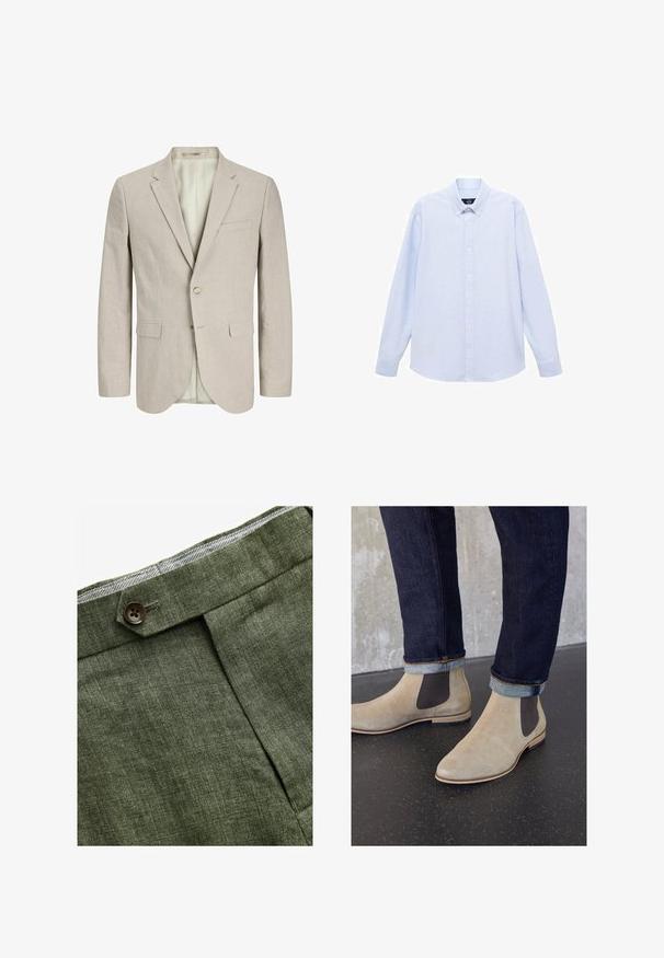 Svetlo béžový blejzer vyrobený z textúrovanej tkaniny. Má dve predné vrecká, jediné zapínanie na gombík a klopový golier. Podšitý interiér.; Svetlomodrá košeľa s dlhým rukávom a gombíkmi, s klasickým golierom, rovnými okrajmi a jemnou textúrou. Obsahuje centrálny gombíkový zapínací systém.; Olivové ľanové nohavice s predným záhybom, so zapínaním na gombík a kontrastnou kockovanou podšívkou na pase.; Zign LEATHER - Klasické členkové čižmy - sand