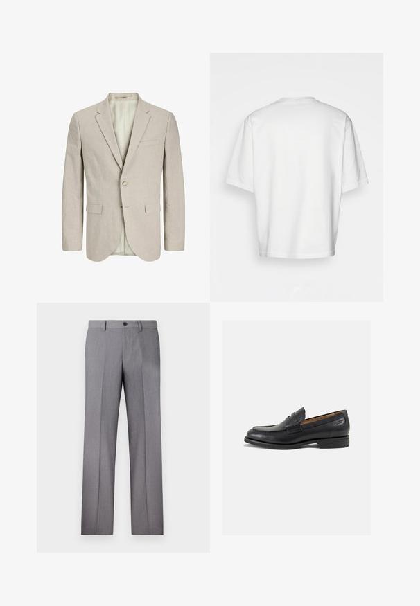 Light beige blazer made from textured fabric. Features two front pockets, a single button closure, and a notch lapel. Lined interior.; White, short-sleeved t-shirt with a round neckline, made from cotton. Simple design, no patterns or accents, viewed from the back.; Gray tailored trousers with a flat front, two side pockets, and a single button closure. Smooth texture with a subtle pinstripe pattern.; Black leather loafers with a smooth finish, rounded toe, and decorative stitching on the vamp. Low stacked heel and slight shine.