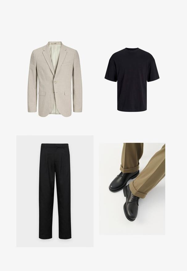 Svijetlosmeđi blejzer izrađen od teksturiranog materijala. Ima dva prednja džepa, zatvaranje na jedan gumb i rever s izrezom. Podstavljeni unutrašnjost.; Crna pamučna majica s okruglim izrezom, kratkim rukavima i opuštenim krojem. Glatka tekstura bez vidljivih uzoraka ili dekoracija.; Crne hlače od glatkog materijala, s dizajnom ravnih nogavica, dva prednja nabora i standardnim pojasom s petljama za remen.; Crne kožne cipele s glatkom površinom, s vezicama i zaobljenim vrhom, uparene s podignutim kaki hlačama.