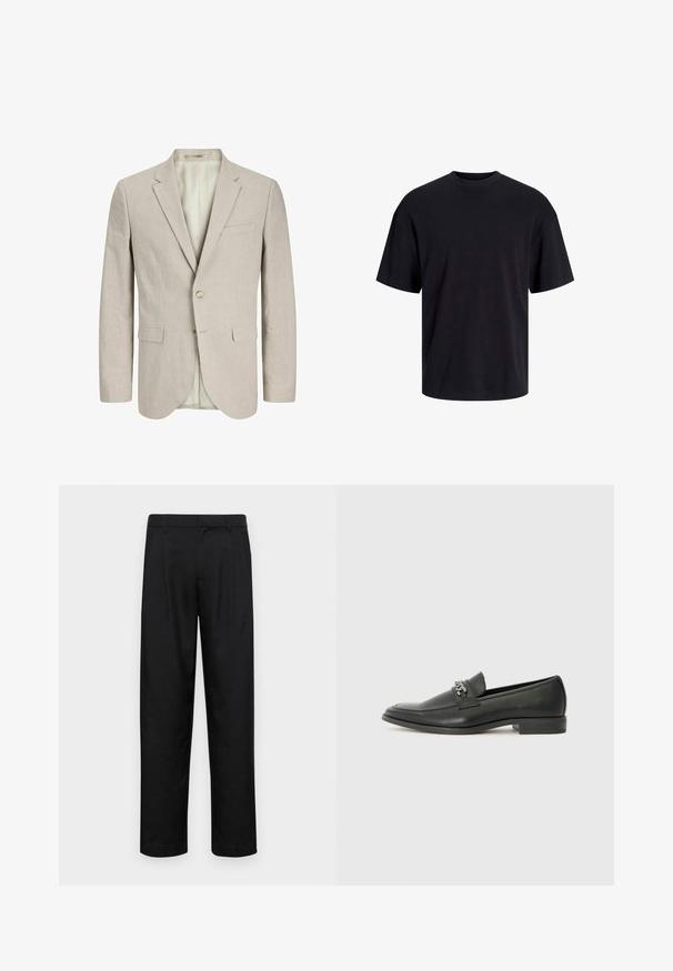 Helles beiges Blazer aus strukturiertem Stoff. Verfügt über zwei Fronttaschen, einen Knopfverschluss und einen Reverskragen. Mit gefüttertem Innenraum.; Schwarzes Baumwoll-T-Shirt mit Rundhalsausschnitt, kurzen Ärmeln und lässiger Passform. Glatte Oberflächenstruktur und keine sichtbaren Muster oder Akzente.; Schwarze Hose aus glattem Stoff, mit geradem Bein Design, zwei vorderen Falten und einem Standardbund mit Gürtelschlaufen.; Schwarzer Lederloafer mit glatter Oberfläche, ausgestattet mit einer gesteppten Gestaltung und einem dekorativen Metallkettendetail über dem Vorderblatt. Flacher Absatz.