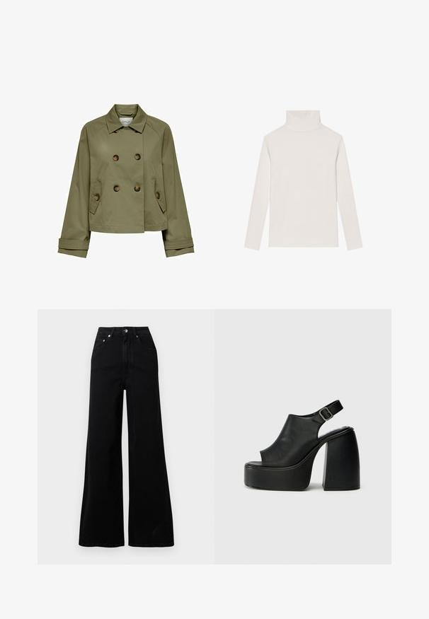 Olivgröna korta jacka med dubbelknäppt front, stora knappar och två sidofickor. Har en klassisk krage och vida ärmar.; Ljus beige polotröja i mjukt tyg, med långa ärmar och en figurnära design med en jämn textur och utan synliga mönster.; Vit skjorta med knappar i bomull, med klassisk krage, långa ärmar och en liten broderad logotyp på bröstet. Texturerat tyg.; Svarta jeans med vida ben i denim, med hög midja, fem fickor, knäppning framtill och minimalistiska söm-detaljer.; Svarta plattformsandaler med öppen tå, böjd design, slingbackrem och blockklack. Slät läderstruktur, minimalistisk stil.