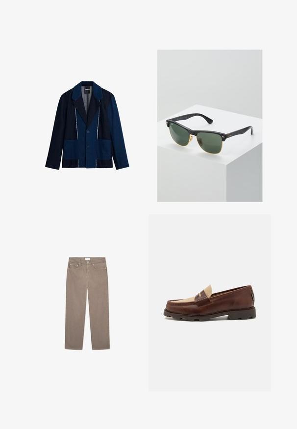 Takahihihih denimi tumean sinipun kanssa vaalean siniset korostukset, jossa on lovellinen kaulus, kaksi suurta etutaskua ja nappisulku.; Valkoinen puuvillainen hihaton paita, jossa on pyöreä kaula-aukko, leveät olkaimet ja suora helma. Paidan tekstuuri on sileä, eikä siinä ole näkyviä kuvioita.; Ruske suknje ravnog kroja s pet džepova, metalnim detaljima i glatkom teksturom. Tkanina ima suptilni, ravnomerni uzorak.; Bordeaux nahkahiusut, joissa on harmahtava kangasasennus, tikkausyksityiskohtia ja teksturoitu kumipohja, joka on suunniteltu mukavuutta ja kestävyyttä varten.; Ray-Ban aurinkolasit, joissa on vihreät linssit, mustat muovikehykset ja kultaiset yksityiskohdat reunoilla. Neliön muoto, jossa on mattapinta.