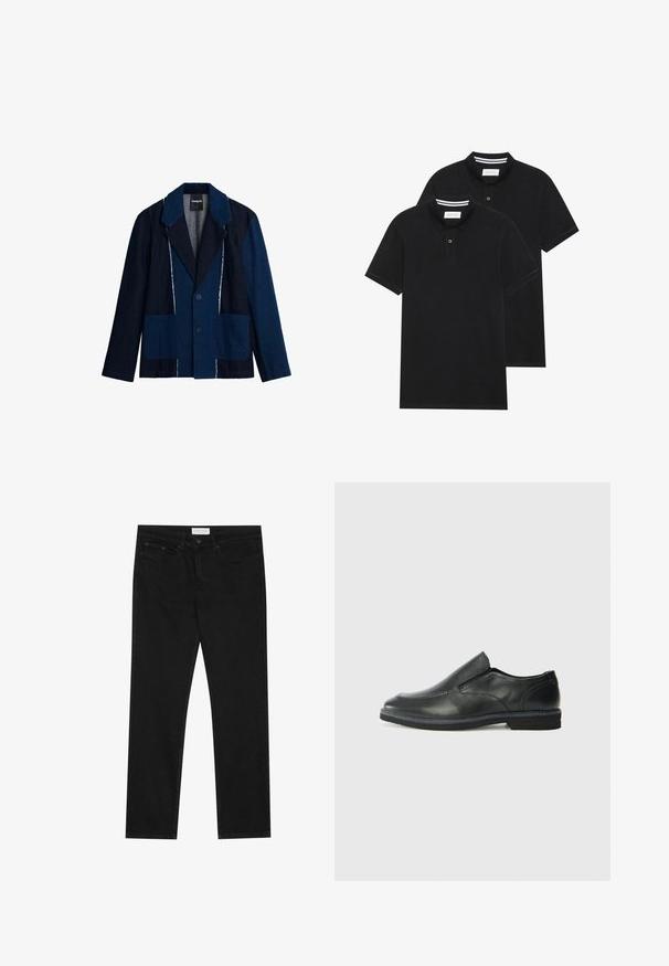 Džínová bunda ve tmavě modré barvě s světle modrými detaily, s výstřihem do V, dvěma velkými předními kapsami a zapínáním na knoflíky.; Dvě černé polokošile s krátkým rukávem z bavlny, s klasickým límcem, dvouknoflíkovou légou a bílými pruhovanými akcenty uvnitř límce.; Černé rovné džíny s pěti kapsami, zapínání na knoflík a zip, a štítek značky Pier One na pase.; Černá kožená nazouvací bota s hladkým svrškem, prošívanými detaily, zaoblenou špičkou a nízkým gumovým podpatkem. Podešev má minimální vzorek.