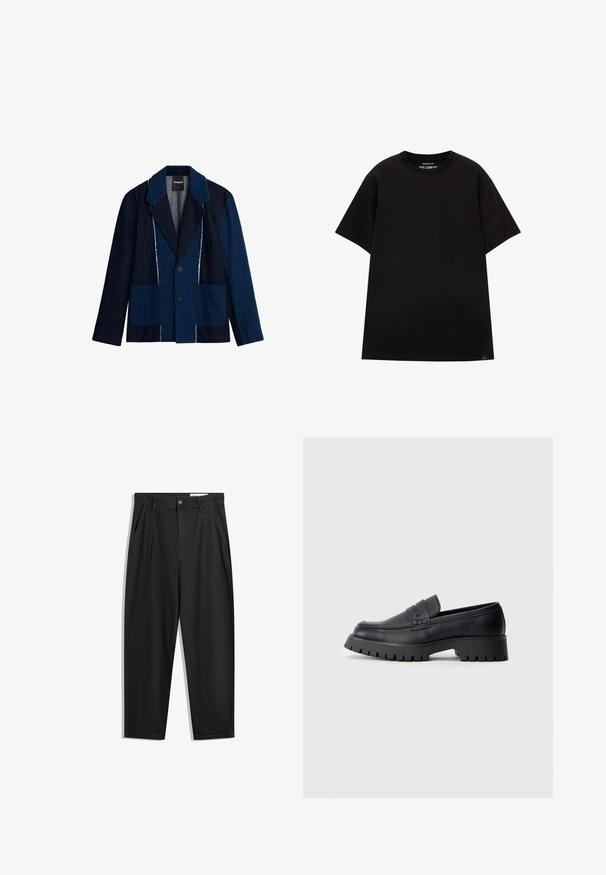 Džínsová bunda v tmavomodrej farbe so svetlomodrými akcentmi, so zárezovým golierom, dvoma veľkými prednými vreckami a zapínaním na gombíky.; PULL&BEAR JOIN LIFE - Základné tričko - black; Čierne bavlnené nohavice s voľným strihom, s klasickým pásom, prednými záhybmi a bočnými vreckami. Hladká textúra bez vzorov.; Čierne kožené mokasíny s okrúhlou špičkou, ktoré majú dekoračný pásik a masívnu gumovú podrážku s hlbokým dezénom pre lepšiu trakciu.