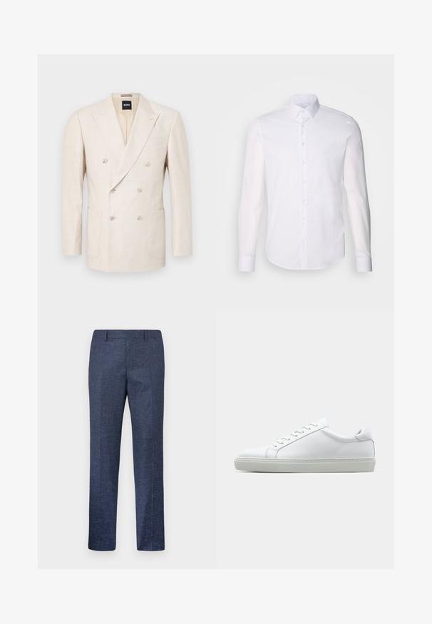 Beige dubbelzijdig blazer gemaakt van textuurstof. Bevat twee opgestikte zakken en een notch-lapel. Merkje zichtbaar aan de binnenkant van de kraag.; Witte lange mouwen overhemd met knopen, gemaakt van katoen, voorzien van een klassieke kraag, voorkant met knopen en minimale stikdetails.; Navyblauwe broek van een gestructureerde stof, met rechte pijpen, een vlakke voorkant en twee zijzakken. Geen zichtbare patronen of accenten.; Witte sneaker met een gladlederen bovenwerk en een laag profiel. Voorzien van een ronde neus, zes vetergaatjes en een gestructureerde rubberen zool.