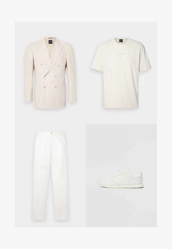 Bež dvostruki sako izrađen od teksturiranog materijala. Ima dve džepne enašice i rever. Inicijalna oznaka brenda vidljiva unutar ovratnika.; BOSS TEE - Osnovna majica kratkih rukava - open white; Bijele hlače izrađene od glatkog materijala, s ravnim krojem, prednjim nabora i jednim gumbom za zatvaranje u struku.; Bijela tenisica s gornjim dijelom od mrežice i sintetičkog materijala, okrugli vrh, ravne vezice i teksturirani bočni trak. Gumeni potplat s petnim trakicom.