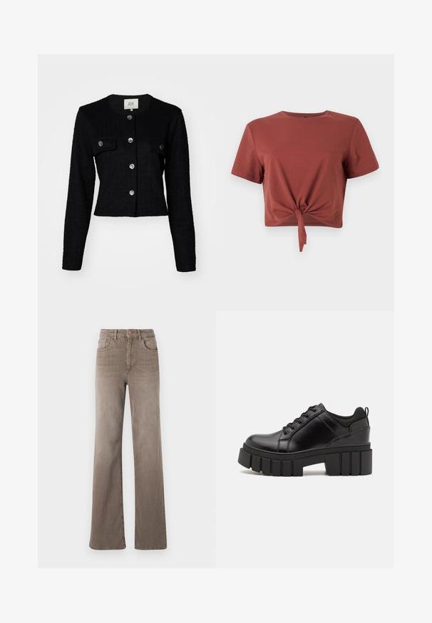 Musta lyhyt takki, jossa on pitkät hihat, teksturoitu kangas, pyöreä kaula-aukko, kaksi etutaskua ja metallinvärisiä nappeja.; Rusto-sävyinen lyhythihainen crop-top, joka on valmistettu pehmeästä puuvillasta ja jossa on solmittu etuosa. Sujuva pinta, pyöreä pääntie.; Kuhun ruskeat korkeavyötäröiset suorat farkut etuvipusella, vyölenkeillä ja klassisella viiden taskun muotoilulla valkoista taustaa vasten.; Mustat nahkakengät, joissa on lättihenkinen korko, pyöreä kärki ja perinteinen nauhakiinnitys. Ominaisuuksiin kuuluu sileä pintakuvio ja minimaalinen yksityiskohtaisuus.