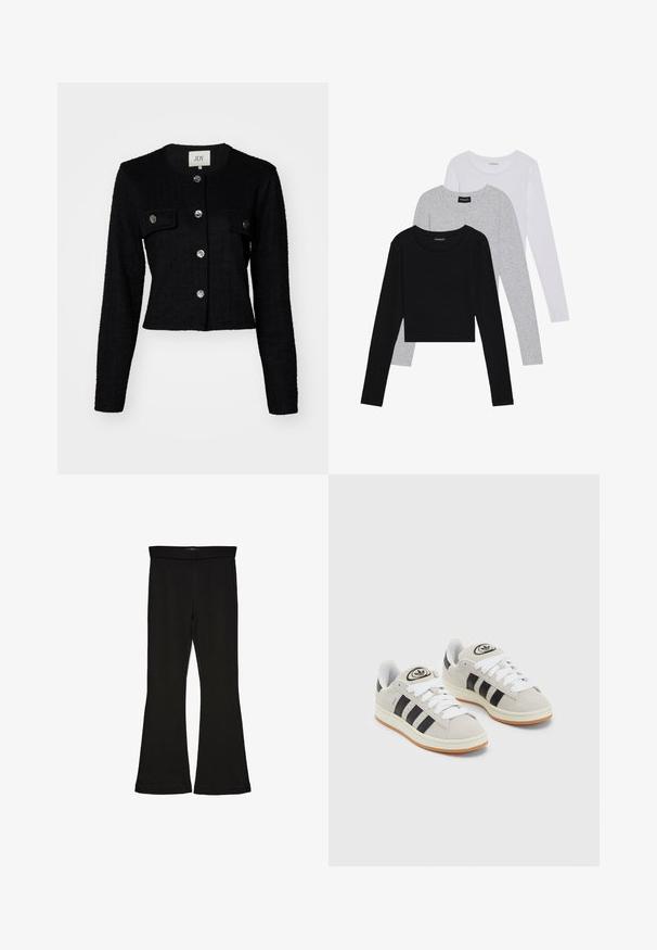 Schwarze, kurz geschnittene Jacke mit langen Ärmeln, aus strukturiertem Stoff, mit Rundhalsausschnitt, zwei Vordertaschen und metallischen Knopfdetails.; Drei langärmelige Oberteile gestapelt: schwarz, grau und weiß. Jedes hat einen runden Halsausschnitt und ein kurzes Design aus glattem, leichtem Stoff.; Schwarze Schlagleggings aus dehnbarem Stoff. Sie verfügen über einen breiten Bund und eine glatte Textur, mit einer enganliegenden Silhouette, die am Saum ausgestellt ist.; Graue Wildledersneaker mit weißen Schnürsenkeln, schwarzen Streifen und einer weißen Gummisohle. Merkmale sind ein kreisförmiges Logo auf der Zunge und eine Gummisohle.
