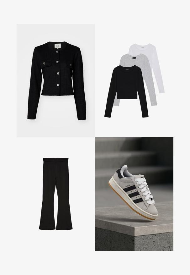 Černá zkrácená bunda s dlouhými rukávy, texturovaná látka, kulatý výstřih, dvě přední kapsy a kovové detaily na knoflících.; Tři trička s dlouhým rukávem naskládaná na sobě: černé, šedé a bílé. Každé má kulatý výstřih a kratší střih z hladkého, lehkého materiálu.; Černé legíny s rozšířením vyrobené z elastického materiálu. Mají široký pás a hladkou strukturu, s přiléhavým střihem, který se na lemu rozšiřuje.; adidas Originals CAMPUS 00S W - Tenisky - crystal white/core black/off white