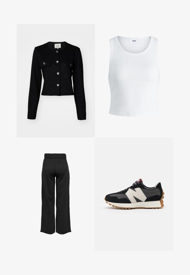 Black cropped jacket with long sleeves, textured fabric, featuring a round neck, two front pockets, and metallic button detailing.; White ribbed tank top featuring a round neckline, sleeveless design, and a cropped length. Label reads "JJXX." Smooth fabric texture.; Black, wide-leg pants with an elastic waistband, made from smooth fabric. Features a clean design with no pockets or visible stitching details.; Black and gray suede sneaker with a large cream-colored "N" logo, purple laces, and a textured gum rubber outsole.
