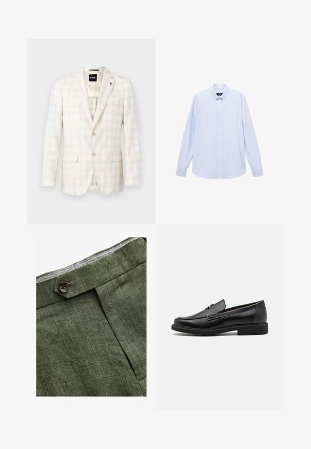Svetlobežový blejzer so jemným kockovaným vzorom, s dvoma prednými vreckami, jednoradovým zapínaním na gombík a bielym vreckovkou ako akcentom.; Svetlomodrá košeľa s dlhým rukávom a gombíkmi, s klasickým golierom, rovnými okrajmi a jemnou textúrou. Obsahuje centrálny gombíkový zapínací systém.; Olivové ľanové nohavice s predným záhybom, so zapínaním na gombík a kontrastnou kockovanou podšívkou na pase.; Čierne syntetické poltopánky s výrazným prešitým predným detailom, vycpanou vnútornou stielkou a plochou gumovou podrážkou; elegantný dizajn s minimálnym zdobením.