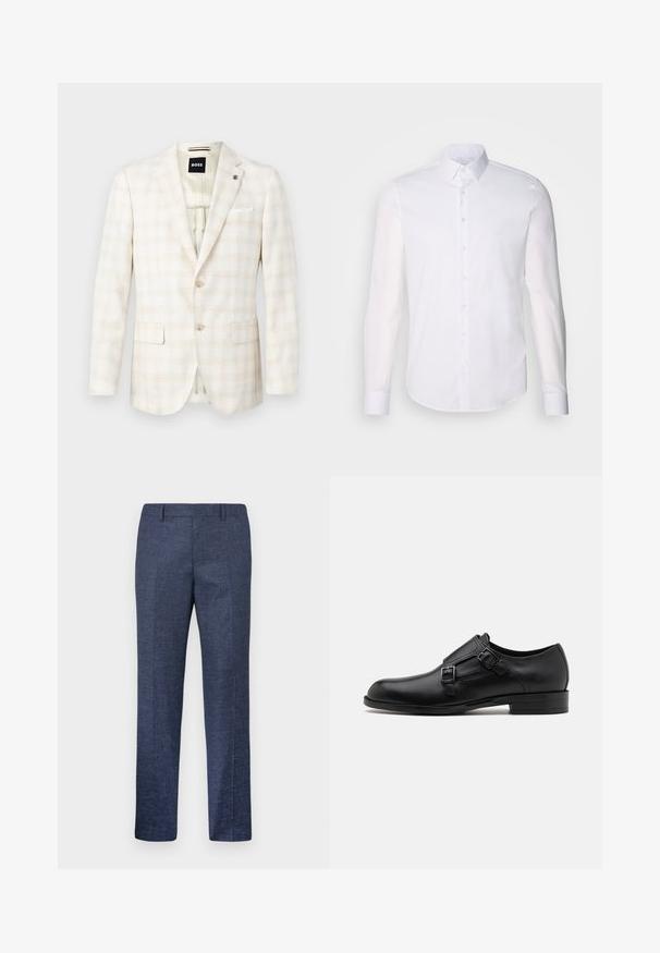 Svetlobežový blejzer so jemným kockovaným vzorom, s dvoma prednými vreckami, jednoradovým zapínaním na gombík a bielym vreckovkou ako akcentom.; Biela košeľa s dlhým rukávom, vyrobená z bavlny, s klasickým golierom, prednými gombíkmi a minimálnym prešívaním.; Námornícke modré nohavice vyrobené z textúrovanej látky, s rovnými nohavicami, plochým predkom a dvoma bočnými vreckami. Žiadne viditeľné vzory ani akcenty.; Čierne kožené spoločenské topánky s dvojitými prackami, elegantným siluetou a okrúhlou špičkou. Majú nízky opätok a hladký povrch.