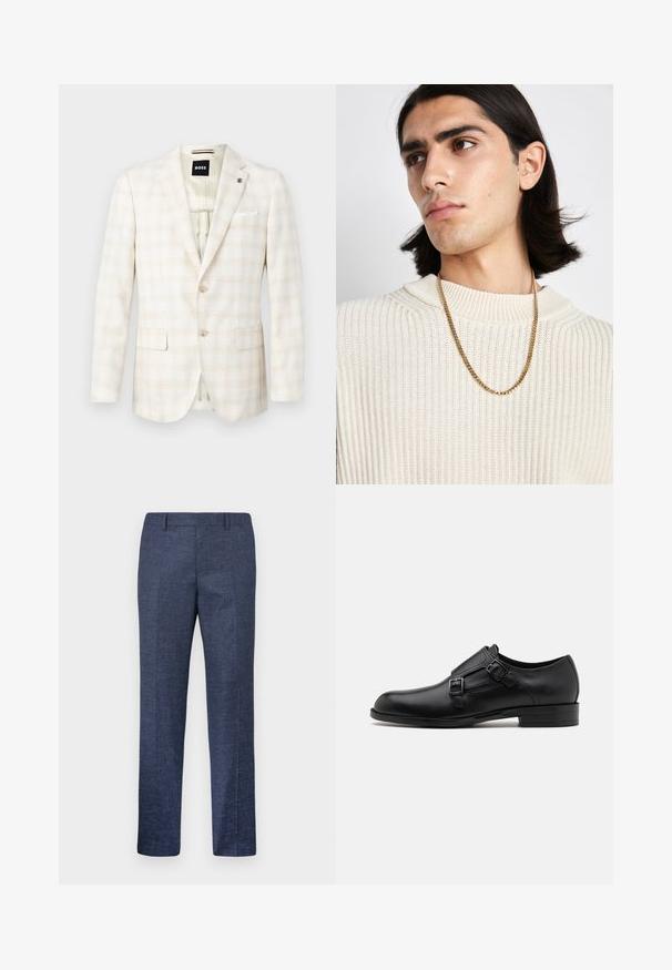 Blazer de color beige claro con un sutil patrón a cuadros, dos bolsillos frontales, cierre de un solo botón y un pañuelo blanco en el bolsillo.; Camisa blanca de manga larga y botones, hecha de algodón, que presenta un cuello clásico, botones en la parte delantera y un detalle de costura minimalista.; Pantalones azul marino hechos de una tela texturizada, con perneras rectas, frente plano y dos bolsillos laterales. Sin patrones ni acentos visibles.; Zapato de vestir de cuero negro con doble hebilla, silueta elegante y punta redonda. Cuenta con un tacón bajo y una textura suave.; Collarín de oro sobre un suéter de punto ribeteado color crema; textura suave con un cuello alto y un patrón sutil en la tela.