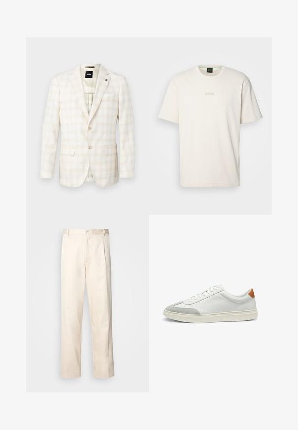 Blazer de color beige claro con un sutil patrón a cuadros, dos bolsillos frontales, cierre de un solo botón y un pañuelo blanco en el bolsillo.; BOSS TEE - Camiseta básica - open white; Pantalones de algodón beige con corte recto, que cuentan con un cierre de botón y pliegues en la parte frontal para un detalle adicional.; Zapatillas de cuero blanco con acentos de ante gris y un refuerzo de cuero marrón claro en el talón. Presentan una superficie texturizada y una suela ligera.
