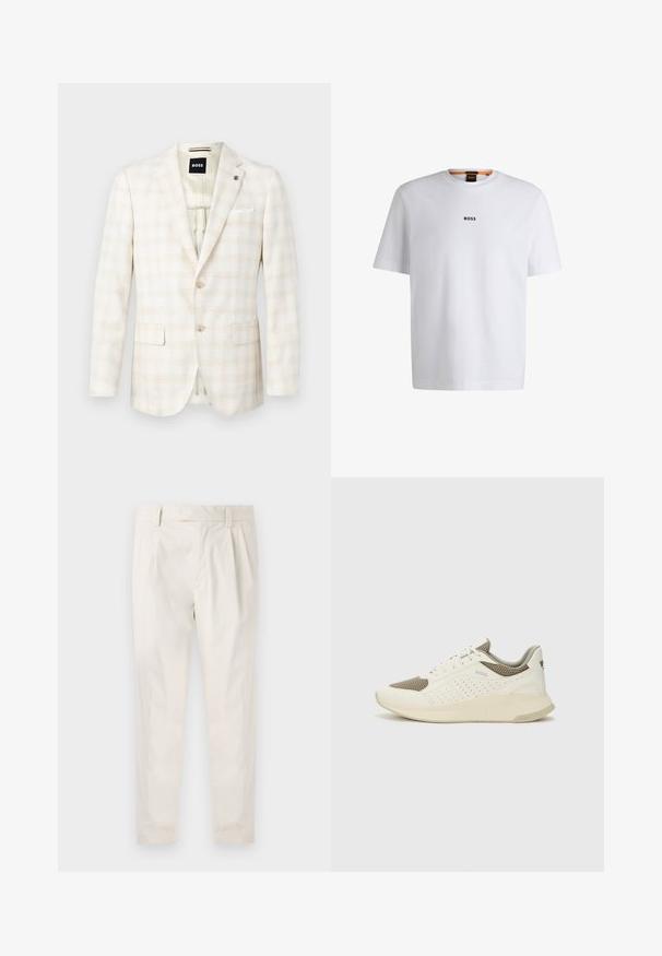 Svetlo bež blejzer z diskretnim kari vzorcem, dvema sprednjima žepoma, zapenjanjem na eno gumbe in belim naglaškom v žepu.; Bela bomba iz bombaža s kratkimi rokavi, ki ima črni logotip "BOSS" na sredini prsnega dela in okroglo obliko ovratnika.; Bele, plisirane hlače s krojenim prileganjem, z gladko teksturo, z zankami za pas in ožjimi hlačnicami. Brez vidnih žepov ali vzorcev.; Beli in svetlo bež športni copat, s mrežastim zgornjim delom, perforiranimi detajli in teksturirano srednjim delom z blagovno znamko na peti.