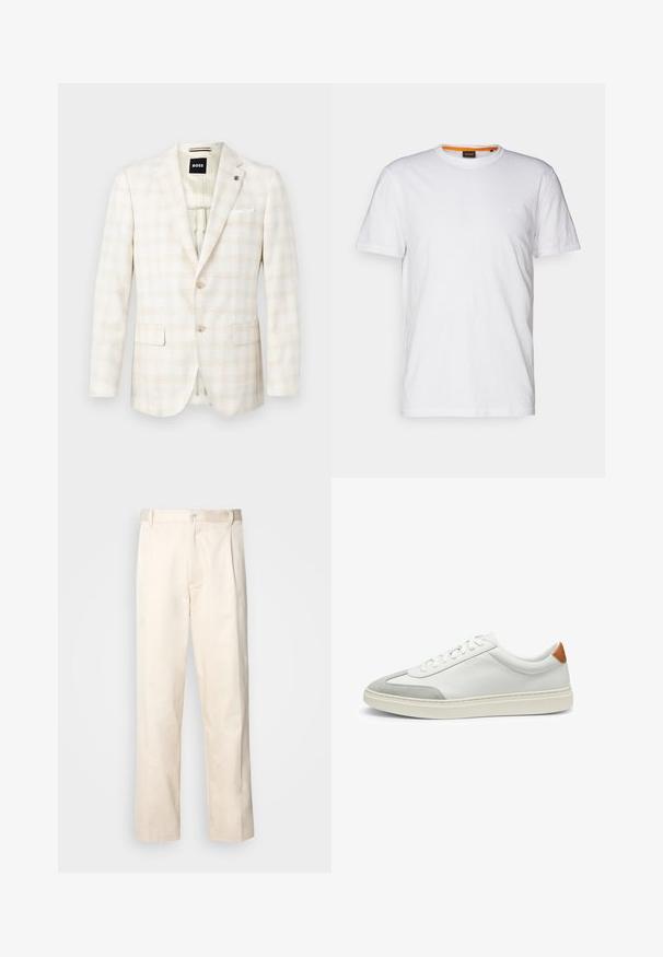 Blazer beige chiaro con un sottile motivo a quadri, due tasche frontali, chiusura con un solo bottone e un fazzoletto bianco come accent. ; T-shirt bianco in cotone con collo rotondo, maniche corte e un logo a rilievo discreto sul petto. L'etichetta interna ha un accento arancione.; Pantaloni in cotone beige con taglio dritto, dotati di chiusura a bottone e pence sul davanti per un tocco di dettaglio in più.; Sneakers bianchi in pelle con accenti in suede grigio e un tallone in pelle beige. Presentano una superficie testurizzata e una suola leggera.