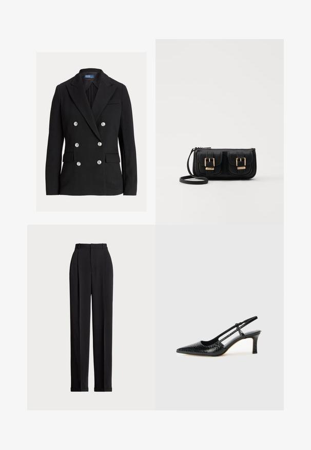 Black double-breasted blazer with six silver buttons, notched lapels, flap pockets, and a Polo by Ralph Lauren label inside the collar.; Black cotton t-shirt with short sleeves, round neck, and a small white logo on the bottom left. Classic, boxy fit with minimal detailing.; Black tailored trousers with a high waist, featuring pleats at the front, a straight leg design, and a cuffed hem. Made from smooth fabric.; Black patent slingback heel with a pointed toe, featuring textured snake print, adjustable strap, and a short, textured block heel.; Black leather crossbody bag with two front pockets, gold buckles, zipper closure, and a slim strap. Textured surface and compact rectangular shape.
