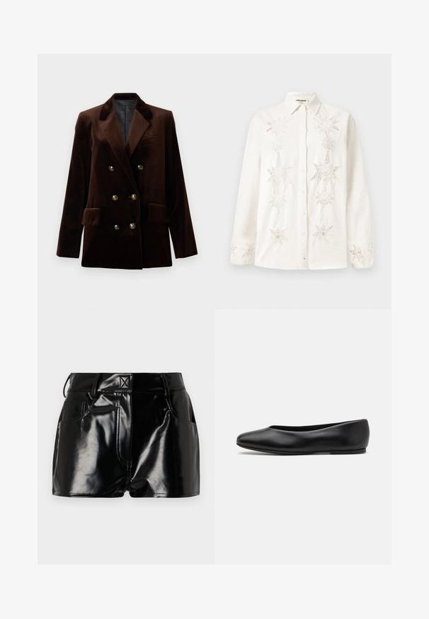 Hnědý sametový dvouřadý blazer se zlatými knoflíky, s klopami a dvěma předními kapsami. Hladká textura a strukturovaný design.; Bílá košile s knoflíky vyrobená z lnu, s jemnou výšivkou ve tvaru hvězdiček na přední části a manžetách, s klasickým designem límce.; Černé lesklé kraťasy vyrobené z umělého materiálu. Obsahují přiléhavý pas, poutka na opasek a přední kapsy s výraznými švy.; Paul Smith TOPANGA - Klasické baleríny - black
