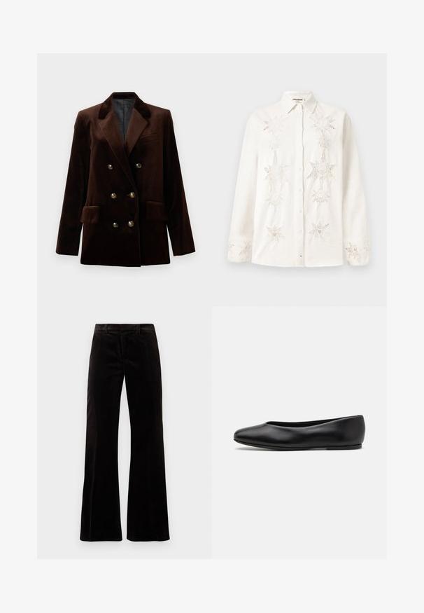 Rjav žametni dvoredni blazer z zlatimi gumbki, odrezanimi reverji in dvema sprednjima žeparjema. Gladka tekstura in strukturiran dizajn.; Bela srajca s kratkimi rokavi iz lanenega materiala, ki se ponaša z zapletenimi vezeninami v obliki zvezd na sprednjem delu in manšetah, ter klasičnim ovratnikom.; Črne kordurojske hlače z razširjenimi nogami, ki imajo strukturiran pas, gladko teksturo in široke otvorine nog, kar ustvarja sproščen silhuet.; Paul Smith TOPANGA - Balerinke - black