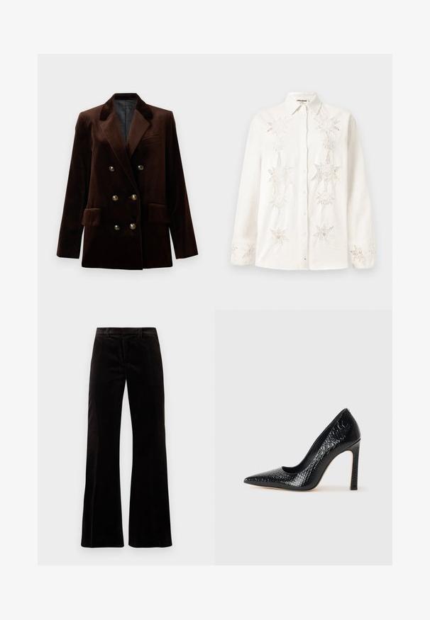 Bruine fluwelen dubbele blazer met gouden knopen, geklede revers en twee voorzakken. Soepele textuur en gestructureerd ontwerp.; Witte button-up shirt van linnen, met ingewikkelde stervormige borduursels op de voorkant en manchetten, met een klassiek kraagontwerp.; Zwarte corduroy flared broeken met een gestructureerde tailleband, soepele textuur en brede broekspijpen, die een ontspannen silhouet creëren.; Zwarte puntige hoge hak schoen met een krokodillenleren textuur, met een slank ontwerp, hoge stiletto-hak, en een gladde zwarte binnenkant.
