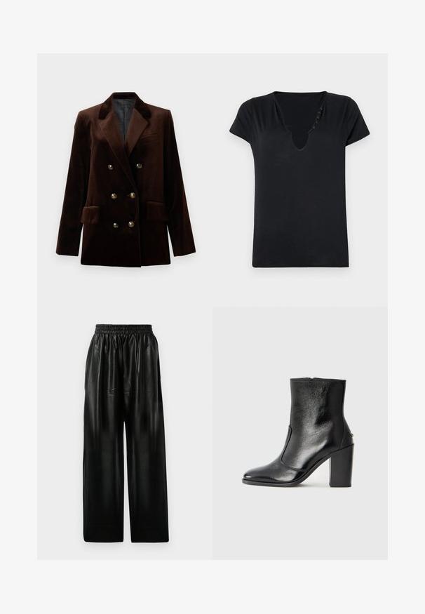 Blazer double boutonnage en velours marron avec des boutons en métal doré, des revers crantés et deux poches avant. Texture lisse et design structuré.; T-shirt noir à manches courtes avec un décolleté en V profond et cinq boutons décoratifs le long de l'encolure. Tissu lisse avec une coupe décontractée.; Pantalons larges en cuir noir avec une ceinture élastique, dotés de deux poches latérales et d'une texture lisse et brillante.; Bottine en cuir noir, avec une texture lisse, un bout pointu et un talon chunky haut. Présente une ouverture sur le côté et un design minimaliste.