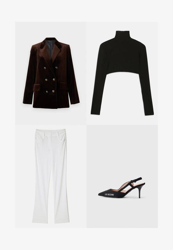 Sacou dublu din catifea maro, cu nasturi din metal aurit, rever în formă de „V” și două buzunare frontale. Textură netedă și design structurat.; Bluză neagră, scurtă, cu mâneci lungi și guler înalt. Fabricată dintr-un material elastic, dispune de o închidere cu fermoar pe spate și slituri laterale.; Pantaloni albi evazați cu o textură de țesătură netedă, având două buzunare frontale și o talie cusută pentru un aspect ajustat.; Pantofii negri cu toc înalt, tip slingback, cu vârf ascuțit, având un design cu curea și logo-ul "LOVE MOSCHINO" pe lateral. Textură netedă.