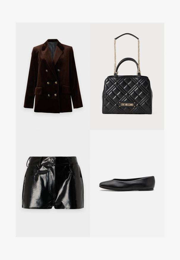 Brauner Samt Doppelreiher-Blazer mit goldenen Knopfdetails, abgesetztem Revers und zwei Fronttaschen. Glatte Textur und strukturiertes Design.; Graues, geripptes Tanktop mit figurschmeichelndem Design, weiten Armausschnitten und runder Ausschnittlinie. Aus weichem Baumwollstoff mit glatter Textur gefertigt.; Schwarze, glänzende Shorts aus synthetischem Material. Mit einem taillierten Bund, Gürtelschlaufen und vorderen Taschen mit auffälligen Nähdetails.; Paul Smith TOPANGA - Klassischer Ballerina - black; Schwarze gesteppte Handtasche mit goldenen Kettenriemen, ausgestattet mit einem rechteckigen Boden und einem Plakettenschild, auf dem in goldener Schrift "LOVE MOSCHINO" steht.
