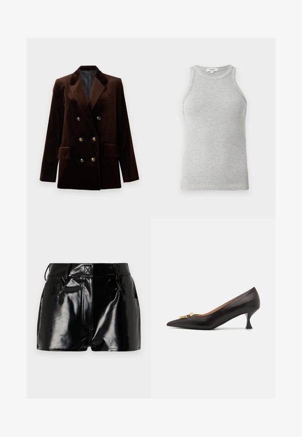 Brauner Samt Doppelreiher-Blazer mit goldenen Knopfdetails, abgesetztem Revers und zwei Fronttaschen. Glatte Textur und strukturiertes Design.; Graues, geripptes Tanktop mit figurschmeichelndem Design, weiten Armausschnitten und runder Ausschnittlinie. Aus weichem Baumwollstoff mit glatter Textur gefertigt.; Schwarze, glänzende Shorts aus synthetischem Material. Mit einem taillierten Bund, Gürtelschlaufen und vorderen Taschen mit auffälligen Nähdetails.; Schwarzer Leder-Pumps mit spitz zulaufender Zehenpartie und einem goldfarbenen Logo- hardware-Akzent, mit einem geschwungenen Kittenheel und einer glatten Oberfläche.