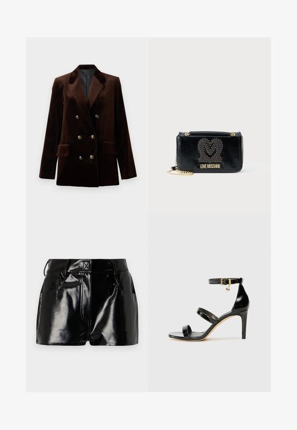 Brown velvet double-breasted blazer with gold hardware buttons, notched lapels, and two front pockets. Smooth texture and structured design.; Long-sleeve, light beige top with a round neckline. Made of soft fabric, features a central seam and slightly curved hem. No visible hardware.; Black, glossy shorts made of synthetic material. Features a fitted waist, belt loops, and front pockets with prominent stitching details.; Black patent leather sandal with three straps, ankle buckle, and 4-inch stiletto heel. Features gold hardware detail and logo charm.; Black synthetic leather crossbody bag with a chain strap. Features studded heart and "LOVE MOSCHINO" logo in gold. Rectangular shape.