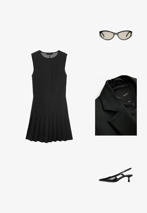 Černý blejzr s texturovanou tkaninou, klopovým límcem a hladkou vnitřní podšívkou. Štítek s nápisem "NEXT" viditelný uvnitř límce.; Černé šaty bez rukávů s vertikálními pruhy, přiléhavým živůtkem a skládáním na sukni. Materiál je hladký s mírně texturovaným povrchem.; Černé lakované lodičky na podpatku se špičatou špičkou, výřezovým designem na boku a malým čtvercovým podpatkem. Hladká textura s minimálními akcenty.; Černé sluneční brýle ve stylu "kočičí oči" se šedými zabarvenými skly. Plastový rám má ostré hrany a hladký, lesklý povrch.; Metalická zlatá kabelka s hladkým, zaobleným tvarem, opatřená horním zapínáním na knoflík a malým řetízkovým popruhem pro nošení.