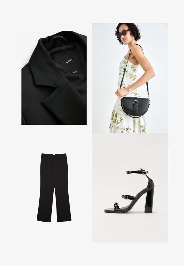 Blazer noir en tissu texturé, avec un col cranté et une doublure intérieure lisse. Étiquette "NEXT" visible à l'intérieur du col.; T-shirt noir à manches courtes en tissu doux. Il possède un col rond classique et une coupe décontractée. Aucun motif ni accent visible.; Pantalon noir avec une coupe droite, doté de poches avant et d'éclairs sur l'ourlet. Fabriqué en tissu doux et lisse. Convient à diverses occasions.; Sandales à talons vernies noires avec un bout carré, des sangles autour de la cheville et des boucles en argent. Dotées d'un talon bloc épais pour plus de stabilité.; Sac à main en cuir noir avec une forme courbée, bandoulière amovible et des accessoires en or. Le sac est doté d'un rabat avec un détail de boucle.