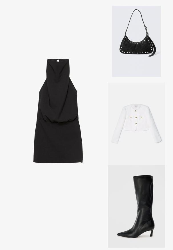 Valkoinen lyhyt takki tekstuurikankaasta, jossa on neljä kultasävyistä nappia ja kaksi etutaskua. Pitkät hihat ja pyöreä kaulus.; Mustat hihattomat mekko korkealla kaula-aukolla, jossa on ryhmitelty vyötärö ja avainaukko takana. Sujuva kangas yksinkertaisella suunnittelulla.; Musta nahkainen polvipituinen saapas, jossa on terävä yksityiskohta ja kohtuullinen korko. Suuri tekstuuri ja sulava muotoilu hienovaraisilla saumoilla.; Mustanhionnahkainen käsilaukku, jossa on kaareva muotoilu, ja reunoja korostavat pyöreät metallinappit. Laukussa on vetoketjukiinnitys ja pitkä olkahihna.