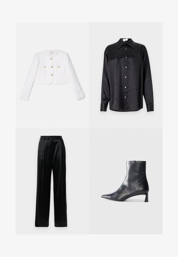 White cropped jacket in textured fabric featuring four gold-tone buttons and two front pockets. Long sleeves and round neckline.; Black long-sleeve shirt with a collared neckline, featuring a crinkled texture, full button front, and cuffs. Made from a smooth fabric.; Black high-waist satin trousers with straight wide legs, belt loops, and a flat front closure against a plain white background.; Black leather ankle boot with a pointed toe and a sleek design. Features a low heel and a zipper closure at the back. Smooth texture.
