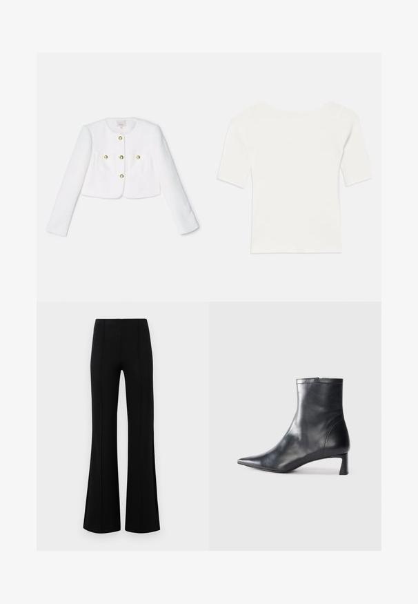 Giacca corta bianca in tessuto testurizzato con quattro bottoni dorati e due tasche frontali. Maniche lunghe e scollatura rotonda.; Top bianco a righe con maniche corte e scollo ampio. La texture presenta strisce verticali, enfatizzando una vestibilità aderente e un design semplice.; Pantaloni neri a zampa d'elefante con vita alta, realizzati in tessuto elastico. Presentano dettagli di cucitura verticale nella parte anteriore e una texture liscia.; Stivaletto in pelle nera con punta affusolata e design elegante. Presenta un tacco basso e una chiusura con zip sul retro. Texture liscia.