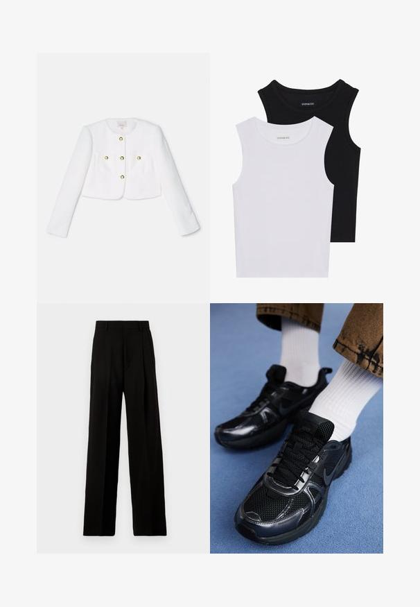 Giacca corta bianca in tessuto testurizzato con quattro bottoni dorati e due tasche frontali. Maniche lunghe e scollatura rotonda.; Due magliette senza maniche, in bianco e nero, realizzate in cotone a coste, con colli rotondi e un design aderente. Etichette visibili su entrambe.; Pantaloni neri a gamba larga realizzati in tessuto morbido, con vita alta, pieghe frontali e un design pulito e sartoriale senza decorazioni.; Le scarpe da sport nere Nike presentano una tomaia in rete con dettagli lucidi, lacci neri e una suola texture. Abbinate a calzini bianchi a coste.