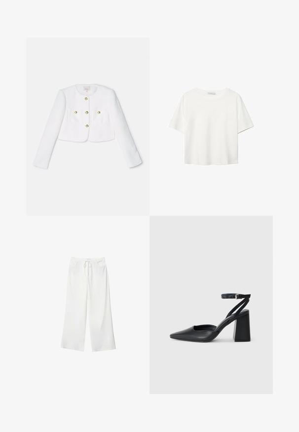 Valkoinen lyhyt takki tekstuurikankaasta, jossa on neljä kultasävyistä nappia ja kaksi etutaskua. Pitkät hihat ja pyöreä kaulus.; Valkoinen lyhythihainen T-paita, joka on tehty puuvillasta. Siinä on pyöreä kaula-aukko ja rento malli. Silkkinen pinta ilman näkyviä kuvioita tai koristeita.; Valkoiset leveälahkeiset housut pehmeästä kankaasta, jossa on kiristysnyöri vyötäröllä ja kaksi etutaskua. Sujuva rakenne ilman näkyviä kuvioita.; Mustat nahkakengät, joissa on kapea kärki, nilkkaremmi ja paksu korko. Tasainen pinta, tyylikäs muotoilu ja minimalistinen estetiikka.