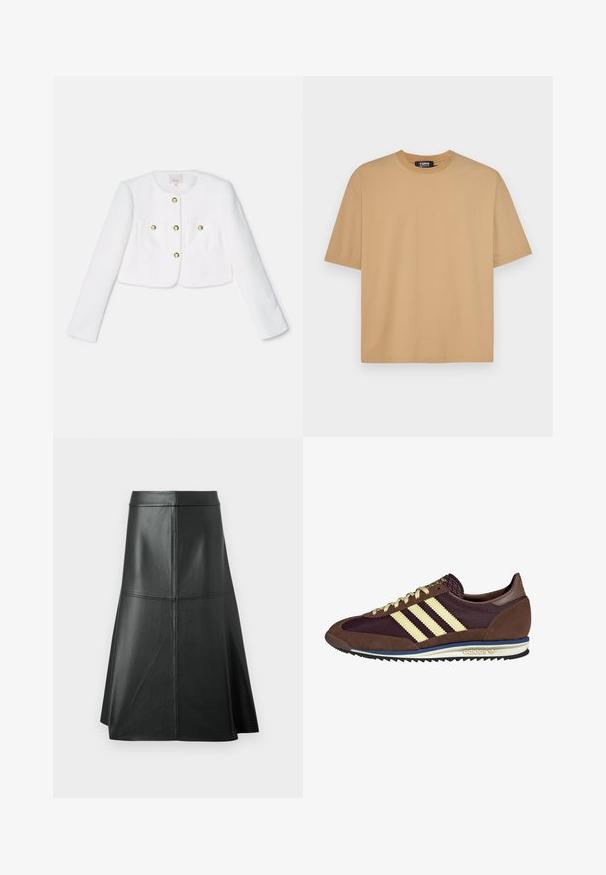 Valge lühikeses lõikes jakit tekstureeritud kangast, millel on neli kuldset nööpi ja kaks eesmist taskut. Pikad varrukad ja ümmargune kaelus.; Beesignud puuvillane T-särk, millel on ümar kaelus, lühikesed varrukad ja lõdva istuvus. Sile tekstuur ning õmblused allääres ja varrukatel.; Must musta A-line seelik, sile tekstuur, põlvini pikkus, millel on horisontaalne õmblusdetail vööl ja õmblustes, et anda struktuuri.; Pruun ja burgundi värvi tennised, mis on valmistatud karvase ja võrkmaterjaliga, sisaldavad kolme kreemjat triipu, tekstuurset kangast keelt ja kummist talla.