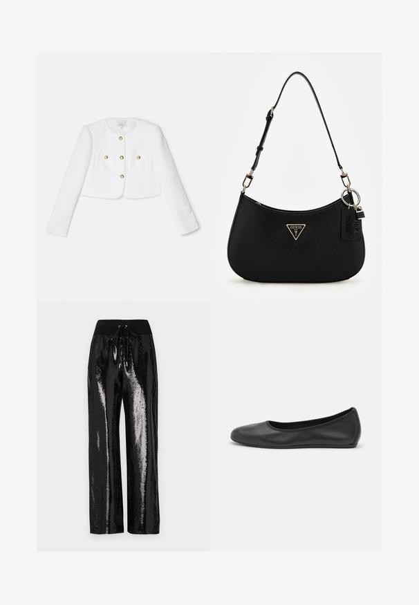 Biely skrátený kabátik z textúrovanej látky s štyrmi zlatými tlačidlami a dvoma prednými vreckami. Dlhé rukávy a okrúhly výstrih.; Čierny rebrovaný top na jedno rameno s priliehavým strihom a jemnou textúrou. Obsahuje čistý, minimalistický strih a hladký výstrih.; Čierne trblietavé nohavice s širokým strihom a elastickým pásom s šnúrkou. Materiál má reflexnú, lesklú textúru.; Čierne kožené baleríny s okrúhlou špičkou, hladkým povrchom, minimálnym prešívaním a flexibilným dizajnom podrážky.; Čierna syntetická plecnička s oblým siluetom, textúrovaným povrchom, zlatým trojuholníkovým logom a odnímateľnými kovovými detailmi.