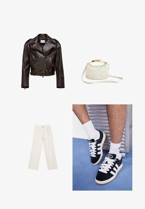 Giubbotto corto in pelle marrone con colletto ampio, chiusura con zip, numerose tasche e cintura regolabile. Presenta dettagli in metallo e una superficie liscia.; Camicia in tessuto misto seta con stampa leopardata; maniche lunghe, chiusura con bottoni, colletto classico, caratterizzata da tonalità nere e beige e una leggera lucentezza.; Jeans bianchi a gamba larga in denim, con vita alta, tasche anteriori e chiusura con bottone. Design pulito e minimal con pochi dettagli.; Sneakers in suede nero con lacci bianchi e tre strisce bianche. Presentano un logo circolare nero sulla linguetta e una suola in gomma color gomma.; Borsa a tracolla in pelle intrecciata bianca con manico in tonalità oro, tracolla staccabile e base arrotondata. Presenta una chiusura lampo sulla parte superiore.