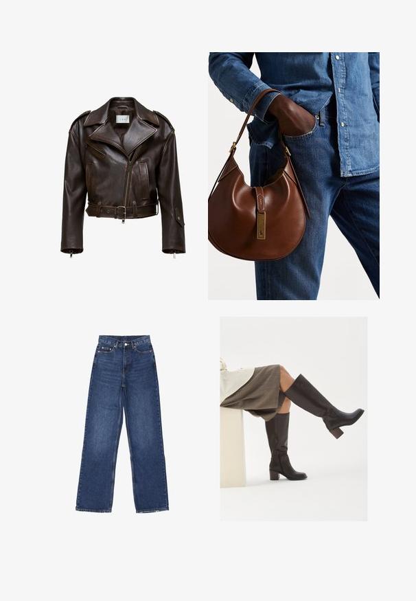Bruine leren cropped jack met een brede kraag, ritssluiting aan de voorkant, meerdere zakken en een verstelbare riem. Beschikt over metalen hardware en een zachte textuur.; Twee mouwloze geribbelde coltruien in bruin en zwart, weergegeven op een effen witte achtergrond.; Wijde spijkerbroek in blauwe denim met hoge taille, voorzien van een knoopsluiting, vijf zakken en subtiele vervaging op de stof.; Bruine leren laarzen tot de knie met een vierkante neus, stevige hak en zijrits. Gladde textuur met een gepolijste afwerking.; Bruine leren hobo tas met een rondvorm, voorzien van een gouden hardwareaccent en contrasterende stiksels. Gecombineerd met een denim shirt en jeans.