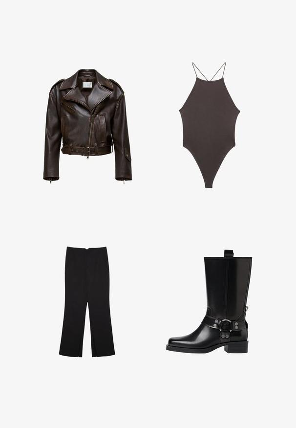Hnědá kožená zkrácená bunda s širokým límcem, zipem vpředu, několika kapsami a nastavitelným páskem. Obsahuje kovové detaily a hladkou texturu.; Hnědé, jednodílné plavky s vysokým krkem a tenkými, nastavitelnými ramínky; mají vysoký střih nohavic a hladkou texturu. Žádné vzory ani ozdoby.; Černé kalhoty s rovným střihem, s předními kapsami a bočními rozparky na lemu. Vyrobené z jemné, hladké tkaniny. Vhodné na různé příležitosti.; Černá kožená vysoká bunda s špičatou špičkou, stříbrnými sponami a robustní podešví. Obsahuje poutko pro snadné obutí.