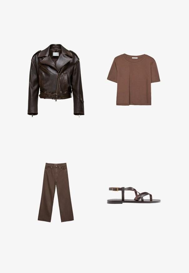 Smeđi kožna skraćena jakna s širokim kragnom, prednjim zatvaračem, više džepova i podesivim remenom. Ima metalne hardverske detalje i glatku teksturu.; Smeđi kratki rukav majica od mekog materijala, s okruglim izrezom i opuštenim krojem. Nema vidljivih uzoraka ili naglasaka.; Proširene smeđe traperice od denima, s visokim strukom, prednjim džepovima i klasičnom kopčom na dugme. Glatka tekstura s suptilnim šavovima.; Smeđe kožne sandale s iskrižanim trakama, umetkom za zapešće s kopčanjem i ravnim potplatom s minimalnim detaljima šivanja.