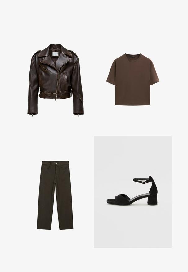 Brun læder cropped jakke med en bred krave, lynlås foran, flere lommer og justerbart bælte. Har metalbeslag og en glat tekstur.; Brun bomulds t-shirt, korte ærmer, rund halsudskæring, afslappet pasform, glat tekstur, minimalistisk design, ingen synlige mønstre eller accenter.; Mørkegrønne brede jeans lavet af en bomuldsblanding, med en frontlukning med knap, fem lommer og klassisk denim-syning.; Sorte ruskind hælede sandaler med en tynd ankelsnor, åben tå design og en beskeden blokhæl. Glat tekstur og minimale detaljer.