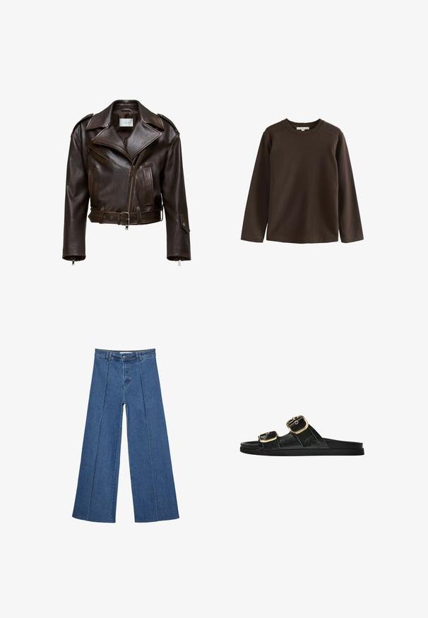 Brun læder cropped jakke med en bred krave, lynlås foran, flere lommer og justerbart bælte. Har metalbeslag og en glat tekstur.; Brun langærmet skjorte lavet af blødt bomuld, med rund halsudskæring og raglanærmer, samt en glat, udekoreret tekstur.; Bredde ben denim jeans i mellemblå, med høj talje, knaplukning og kontrasterende lodrette sømdetaljer foran.; Sort skridsandal med to guldspænder, glat tekstureret materiale, flad sål og et minimalistisk design.