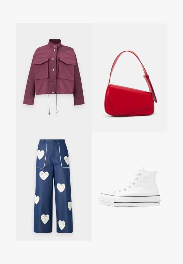 Burgundijska skrajšana jakna iz teksturirane tkanine, ki vsebuje dva velika žepa na prsih, zapiranje na pritisne gumbe in nastavljive vrvice na robu.; Cvetna bluzica z dolgimi puff rokavi, svetlo smetanaste barve, s purpurnimi, oranžnimi in zelenimi cvetličnimi vzorci ter klasičnim ovratnikom.; Sister Jane HEART TO HEART - Ravne kavbojke - blue denim; Beli visoki platneni športni čevelj z črnim gumijastim podplatom, sprednjim gumijastim zaščitnikom za prste in šestimi luknjicami za vezalke, ki se ponaša s preprostim, minimalističnim dizajnom.; Rdeča usnjena torba z angularnim, geometrijskim dizajnom. Ima en samostoječ nastavljiv ročaj in pokrov, zaprt z zapiranjem, ki je okrašen s šivi.