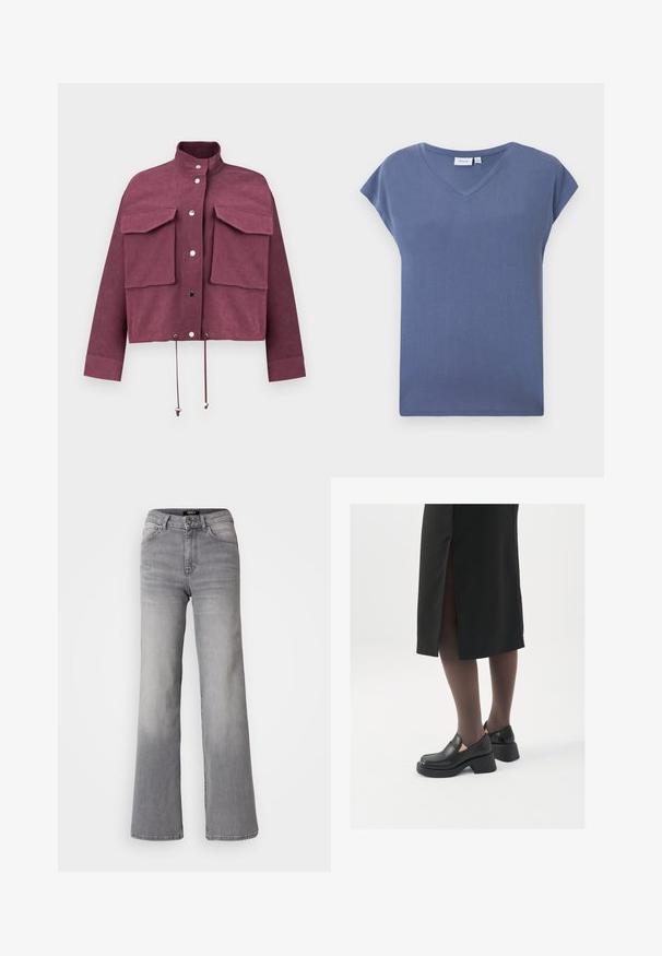 Burgunderfarge cropped jakke laget av strukturert stoff, med to store brystlommer, trykknapp-lukking og justerbare snorer i faldet.; V-hals, kortermet T-skjorte i en dempet blå farge, laget av mykt bomullsmateriale med en jevn tekstur og en avslappet passform.; Høyt liv, rette ben grå denimbukser med frontknapp og glidelås, front- og baklommer, samt falmet skygge på lår og legger.; Sorte lærersko med rund tå, tykk blokkheel og elastiske sideaksenter, sammen med mørke strømpebukser og et svart skjørt med splitt.